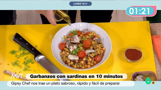 La receta fácil y rápida de Gipsy Chef para cocinar garbanzos con sardinas Disfruta del paso a paso de esta receta exprés con garbanzos y sardinas que podrás tener lista en muy pocos minutos. Súmate al reto de Gipsy Chef en la cocina de MVT aquí, en laSexta.