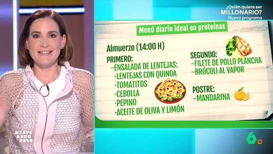 De las espinacas y el salmón a un batido proteico casero: Boticaria García ofrece un menú diario ideal en proteínas Boticaria García detalla en este vídeo cómo sería un menú óptimo desde el desayuno hasta la cena para consumir todas las proteínas que nuestro cuerpo necesita para encontrarse mejor.