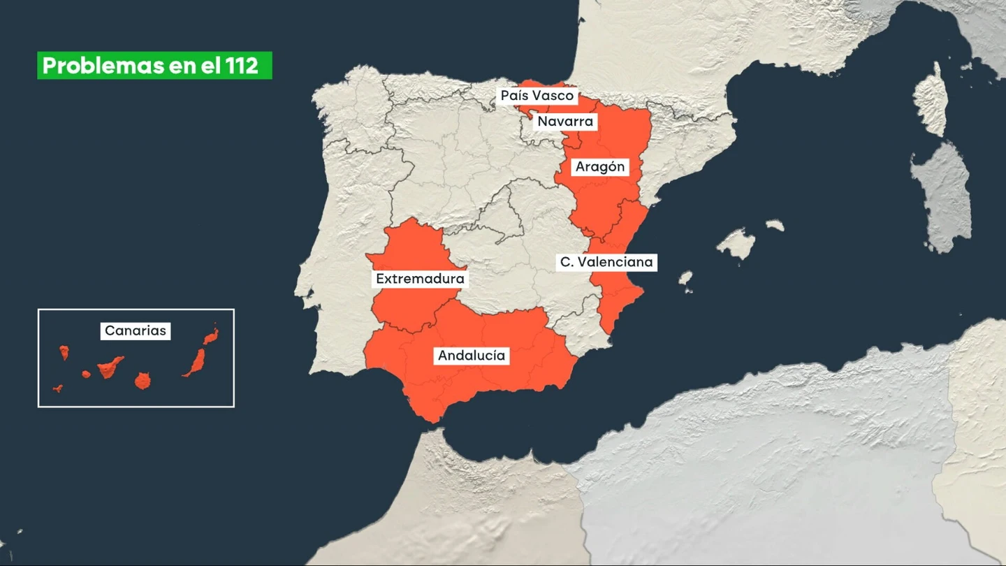 Regiones en las que la caída de Telefónica ha generado problemas en los servicios de emergencias 112 Regiones en las que la caída de Telefónica ha generado problemas en los servicios de emergencias 112