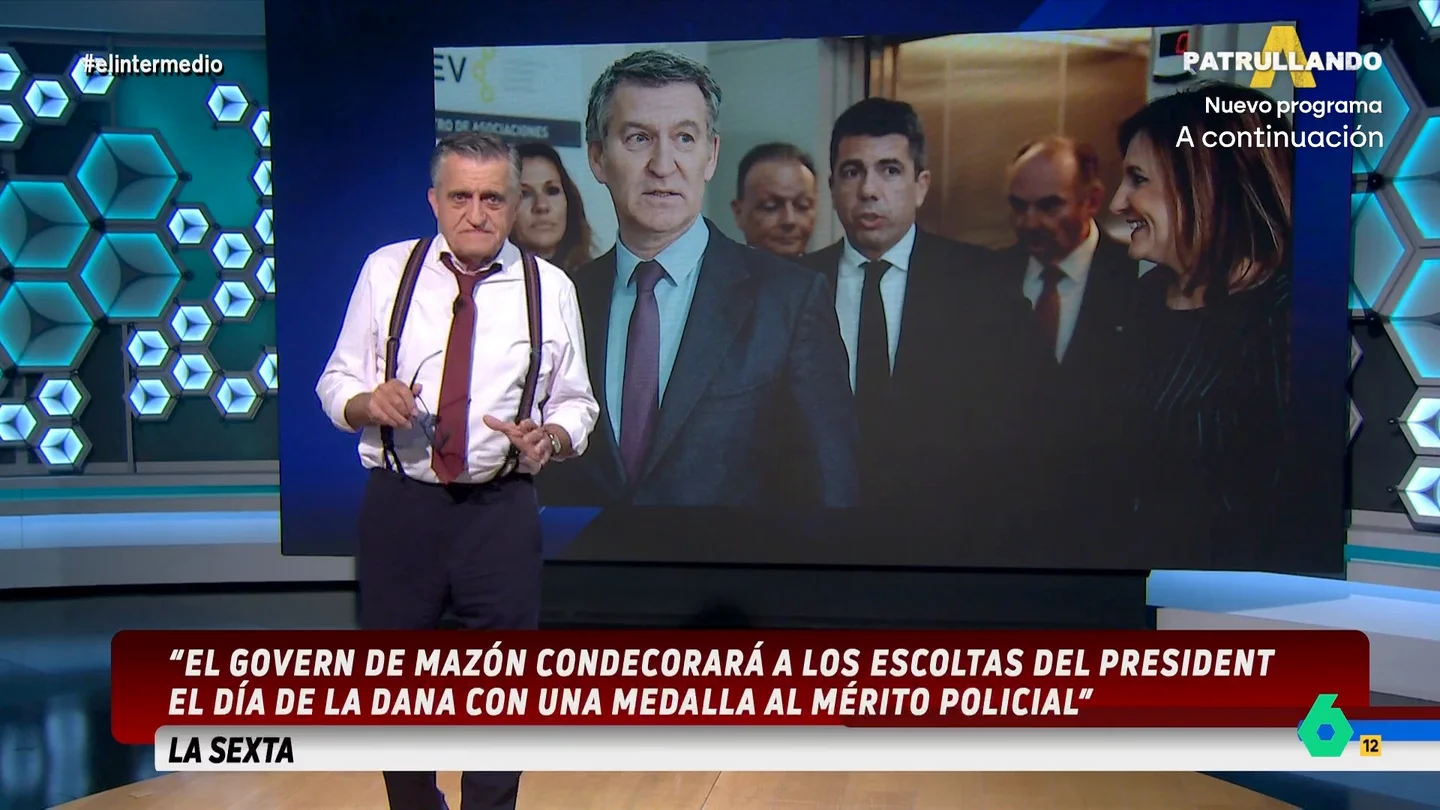 Wyoming, al saber que se condecorará a los escoltas de Mazón el día de la DANA: "¿Se está intentando que estén calladitos?" El presentador de El Intermedio reflexiona sobre la meritocracia, que, como afirma, "es un poco como la gimnasia pasiva o las candidaturas españolas a Eurovisión, algo que, en teoría, suena muy bien pero que, en la práctica, nunca funciona".