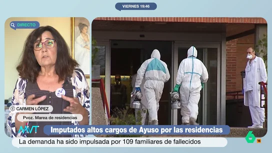 Carmen López valora la imputación de dos ex altos cargos de Ayuso en el caso de las residencias: "Es una ventana de esperanza" La portavoz de Marea de Residencias que la plataforma nació en 2020 para buscar justicia y que, en ese tiempo, "han habido muchos sinsabores y poquitas alegrías". Consideran que la imputación les podrá ayudar a encontrar justicia.