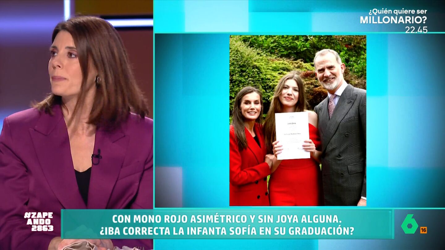 Mar&iacute;a Jos&eacute; G&oacute;mez y Verd&uacute;, experta en protocolo, analiza en Zapeando la graduaci&oacute;n de la infanta Sof&iacute;a en el Atlantic College de Gales. En su opini&oacute;n, hay algunos defectos en el vestido de la infanta o el color en el de la reina Letizia.