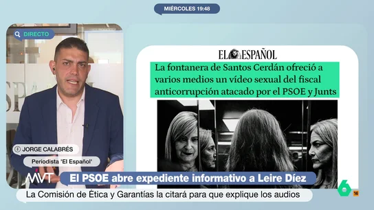 Jorge Calabrés habla de su reunión con la presunta 'fontanera' del PSOE: "No nos gustó lo que explicó y ahí acabó el tema" "Es poco inteligente ir a un periódico a mostrar esos vídeos sexuales, pero ir a un periódico de Pedro J. Ramírez es la peor decisión que puedes tomar", señala Jorge Calabrés, periodista de 'El Español', sobre su reunión con Leire Díez.