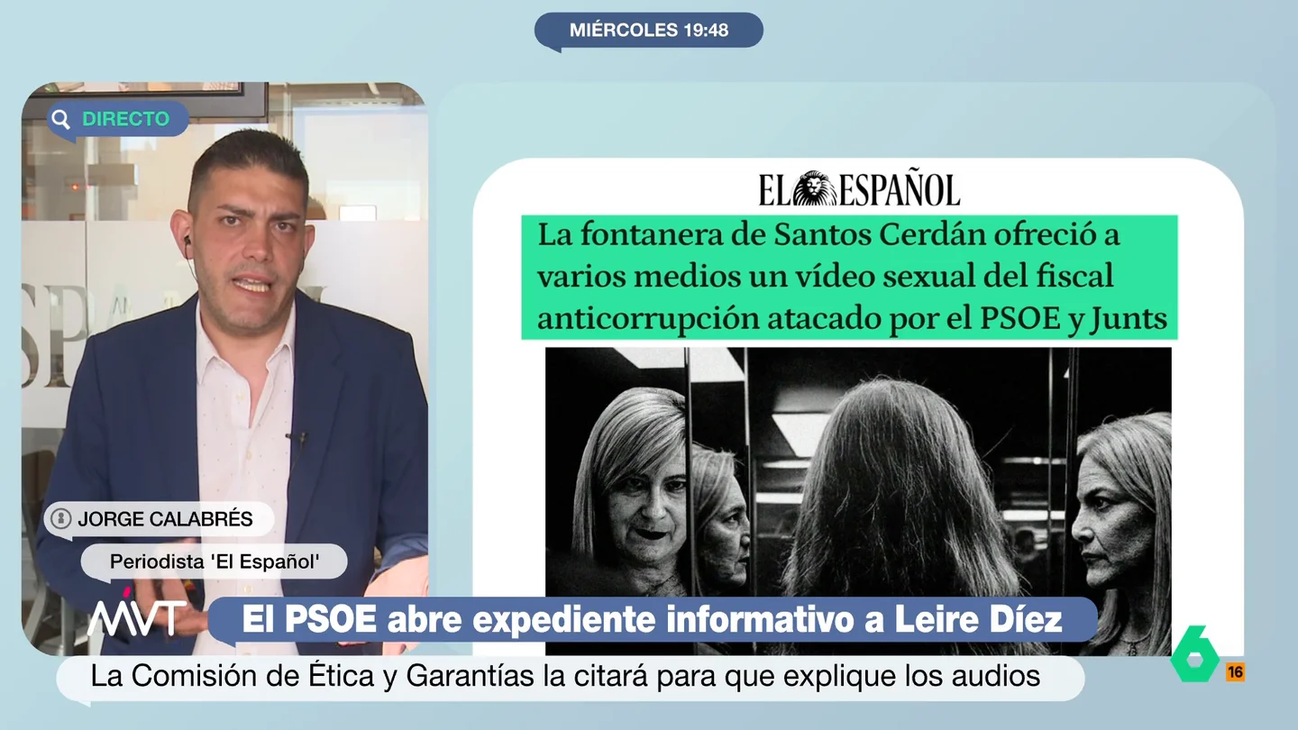 Jorge Calabrés habla de su reunión con la presunta 'fontanera' del PSOE: "No nos gustó lo que explicó y ahí acabó el tema" "Es poco inteligente ir a un periódico a mostrar esos vídeos sexuales, pero ir a un periódico de Pedro J. Ramírez es la peor decisión que puedes tomar", señala Jorge Calabrés, periodista de 'El Español', sobre su reunión con Leire Díez.