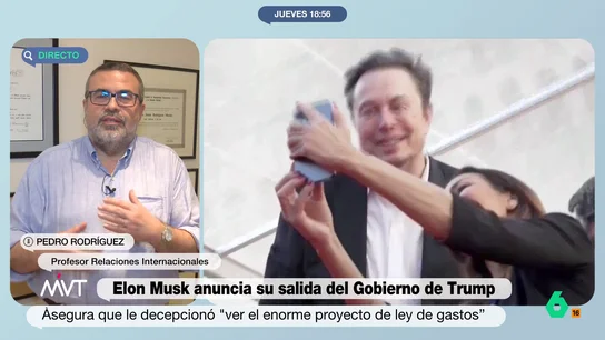 "El daño a lo público está hecho": Pedro Rodríguez reflexiona sobre la salida de Elon Musk del Gobierno de Trump Tras la salida de Elon Musk de la Casa Blanca, Pedro Rodríguez se muestra muy crítico sobre la huella que deja el magnate, que según él es "irreparable" por los recortes acometidos en cuestiones como educación o salud pública.