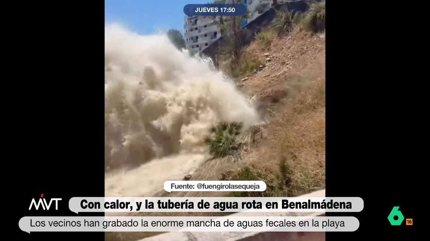 La rotura de una tubería en Benalmádena deja un espectacular chorro de aguas fecales: la mancha llega hasta la playa Más Vale Tarde analiza las imágenes que llegan desde Benalmádena, donde la rotura de una tubería ha dejado un tremendo chorro de aguas fecales que llega hasta la playa. El Ayuntamiento pide a los vecinos reducir el consumo de agua.
