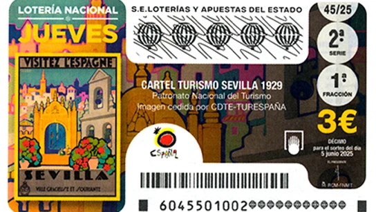 Décimo de la Lotería Nacional del 5 de junio de 2025 que decora su capilla con el cartel de 1929 de Sevilla como destino turístico. Décimo de la Lotería Nacional del 5 de junio de 2025 que decora su capilla con el cartel de 1929 de Sevilla como destino turístico.