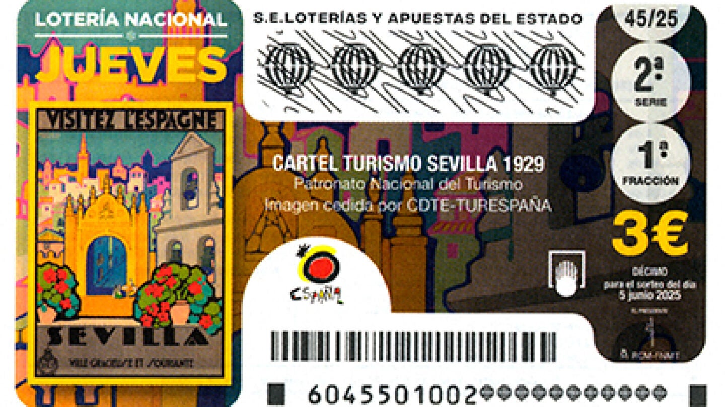 Décimo de la Lotería Nacional del 5 de junio de 2025 que decora su capilla con el cartel de 1929 de Sevilla como destino turístico.