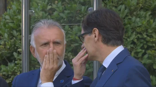 Ángel Víctor Torres y Salvador Illa se tapan la boca para hablar durante la Conferencia de Presidentes Ángel Víctor Torres y Salvador Illa se tapan la boca para hablar durante la Conferencia de Presidentes