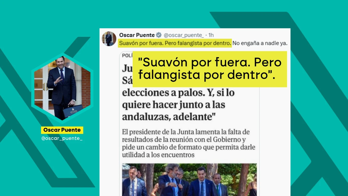 Óscar Puente llama "falangista" a Juanma Moreno tras decir que Sánchez acabará convocando elecciones "a palos" Óscar Puente llama "falangista" a Juanma Moreno tras decir que Sánchez acabará convocando elecciones "a palos"