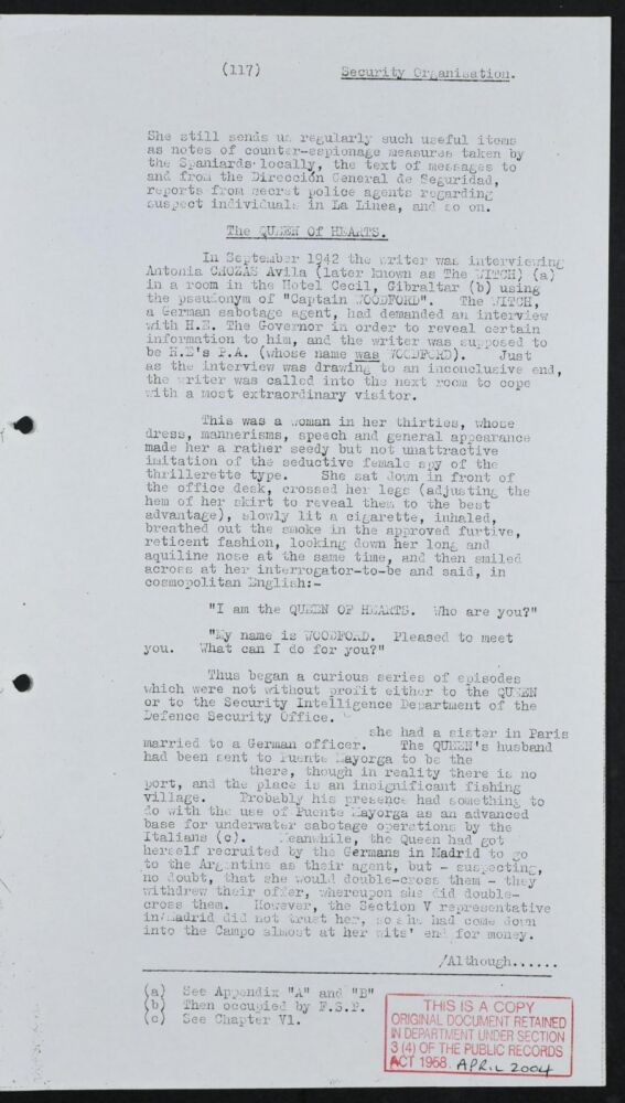 Documentación desclasificada de los servicios británicos donde hacen referencia a "The Queen of hearts"