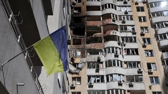 Un edificio tras el ataque de un avión no tripulado ruso en una imagen de archivo. Un edificio tras el ataque de un avión no tripulado ruso en una imagen de archivo.