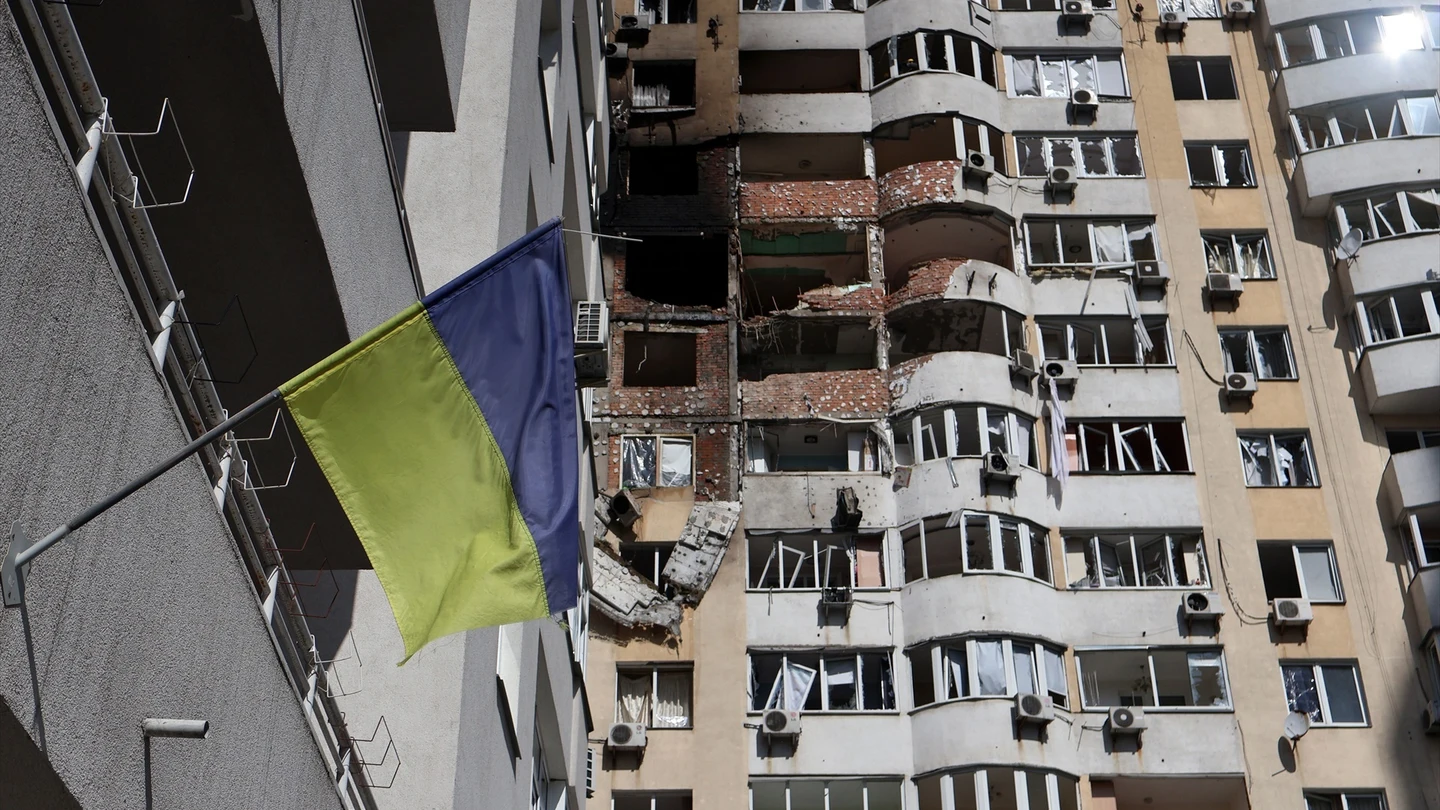 Un edificio tras el ataque de un avión no tripulado ruso en una imagen de archivo. Un edificio tras el ataque de un avión no tripulado ruso en una imagen de archivo.