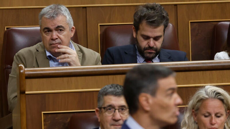 El secretario de Organización del PSOE, Santos Cerdán, observa a Pedro Sánchez durante su intervención en el Congreso