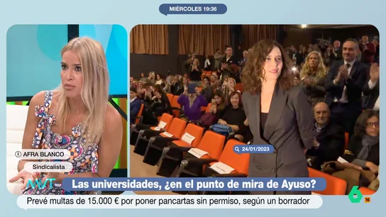 Afra Blanco, a Ayuso tras querer multar las protestas en universidades: "Es la primera a la que le cuesta cumplir con la Constitución" Afra Blanco reflexiona en este vídeo sobre el borrador que se ha conocido donde el Gobierno de Ayuso plantea multas de hasta un millón de euros por "incumplir la Constitución" en la universidad.