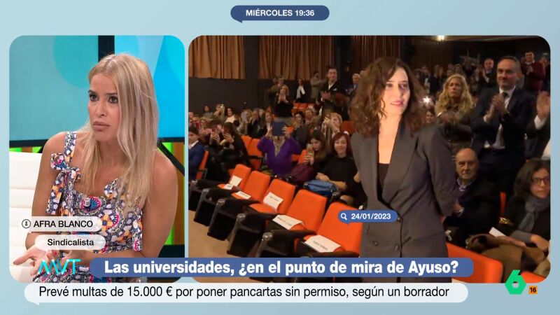 Afra Blanco, a Ayuso tras querer multar las protestas en universidades: "Es la primera a la que le cuesta cumplir con la Constitución"