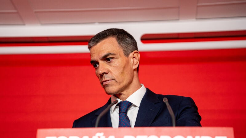 El presidente del Gobierno, Pedro Sánchez, durante su comparecencia en Ferraz de este jueves.