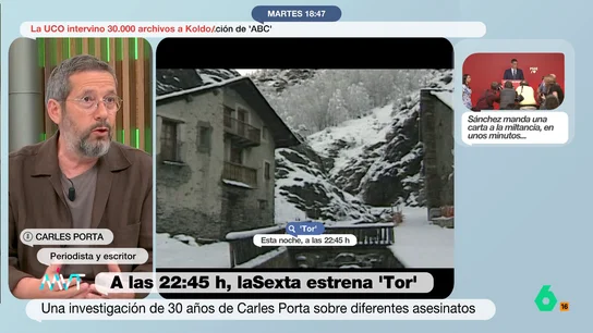 Carles Porta afirma que 'Tor' "es una mezcla de 'Twin Peaks' y 'Fargo'": "La diferencia está en que esto es real" Esta noche laSexta estrena este intrigante true crime que tuvo lugar en Tor, un pueblo, de solo 13 casas, situado en la frontera entre Cataluña y Andorra.
