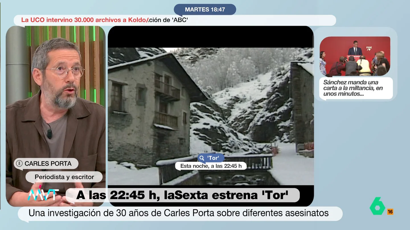 Carles Porta afirma que 'Tor' "es una mezcla de 'Twin Peaks' y 'Fargo'": "La diferencia está en que esto es real" Esta noche laSexta estrena este intrigante true crime que tuvo lugar en Tor, un pueblo, de solo 13 casas, situado en la frontera entre Cataluña y Andorra.