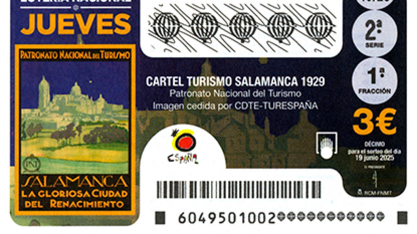 Décimo de la Lotería Nacional del 19 de junio de 2025, que muestra un cartel turístico de Salamanca de 1929.