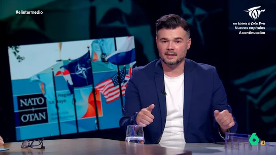 Gabriel Rufián, sobre el gasto en defensa: "No me quiero quedar en la pancarta del 'no a la guerra'" El portavoz de ERC en el Congreso sabe que la gente "tiene miedo" pero que la izquierda debe hablar de seguridad, defensa, migración o multireincidencia "desde una perspectiva progresista". "No se debe gastar más en defensa, se debe gastar mejor", añade.