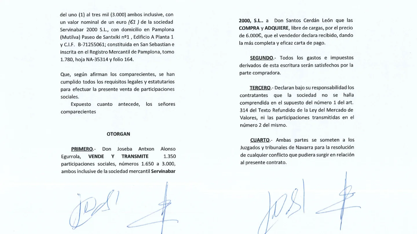 La UCO entrega al Supremo el contrato que prueba que Santos Cerdán adquirió el 45% de la constructora Servinabar. La UCO entrega al Supremo el contrato que prueba que Santos Cerdán adquirió el 45% de la constructora Servinabar.