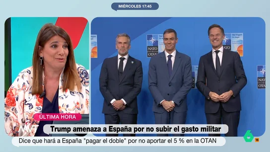 María Claver compara la tensión entre Sánchez y Trump con la retirada de las tropas de Irak: "Nos va a costar a los españoles mucho" María Claver opina sobre la amenaza de Trump a España con represalias comerciales después de que Sánchez afirme que no llegarán al 5% de gasto en defensa. Un "lío importante" que le recuerda a la retirada de las tropas de Irak.