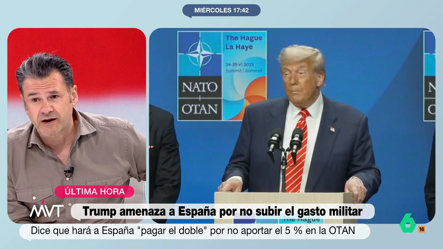 Iñaki López, tras las palabras de Trump sobre España: "Todo el mundo pensando que el problema era Irán, y éramos nosotros" El presentador de Más Vale Tarde reacciona a las palabras del presidente de Estados Unidos después de que Pedro Sánchez mantenga que nuestro país no va a alcanzar el 5% del PIB en gasto en defensa.
