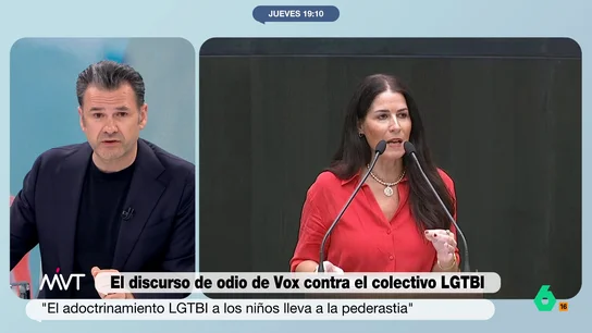 Iñaki López responde tajante al discurso homófobo de Carla Toscano (Vox): "No es más que un compendio de odio" Iñaki López responde con contundencia al discurso contra el colectivo LGTBI de Carla Toscano, concejala de Vox en el Ayuntamiento de Madrid, y le recuerda que si le realmente le preocupa la pederastia "puede señalar a la Iglesia católica".