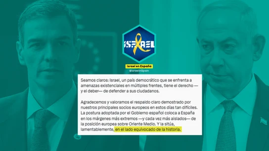 Israel califica de "lamentables" las palabras de Sánchez y acusa al Gobierno de estar "en el lado equivocado de la historia" Israel califica de "lamentables" las palabras de Sánchez y acusa al Gobierno de estar "en el lado equivocado de la historia"