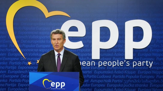 El presidente del PP, Alberto Núñez Feijóo, interviene este jueves, en la reunión del EPP en Bruselas. El presidente del PP, Alberto Núñez Feijóo, interviene este jueves, en la reunión del EPP en Bruselas.