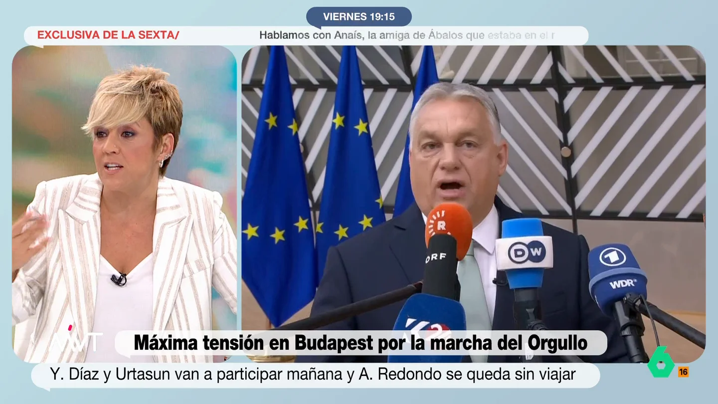 Cristina Pardo, muy crítica con Orbán por prohibir la marcha del Orgullo en Budapest: "Que se vuelva él al siglo XII" El mandatario húngaro ha anunciado que habrá sanciones para todos aquellos que acudan a esta marcha en la capital. Personas de toda Europa, incluyendo a 70 eurodiputados, van a viajar hasta la ciudad para mostrar su apoyo a la marcha.