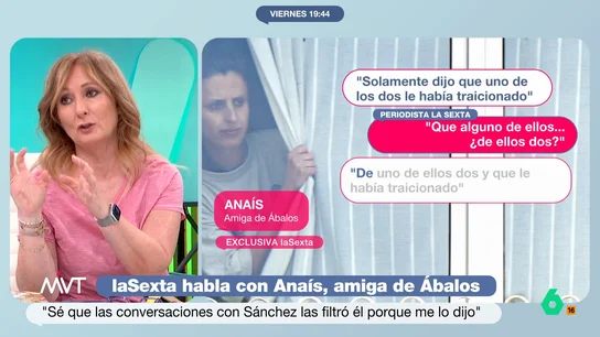 Mayte Alcaraz: "La corrupción nunca se hubiera podido producir si Ábalos no hubiera dirigido el ministerio de Transportes" Anaís, la que fuera amiga del exministro socialista, ha hablado con laSexta y ha contado, entre otras cosas, que Ábalos se sentía traicionado por Koldo o Santos Cerdán.