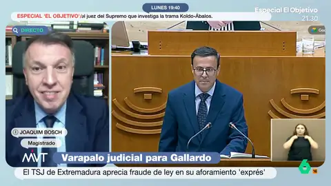 "No hay precedentes": Joaquim Bosch analiza la decisión del TSJ de Extremadura sobre el aforamiento de Gallardo Joaquim Bosch considera muy "interesante" el auto del TSJ de Extremadura en el que aprecia fraude de ley en el aforamiento de Miguel Ángel Gallardo y explica por qué en este caso la jurisprudencia del Supremo no se aplica.