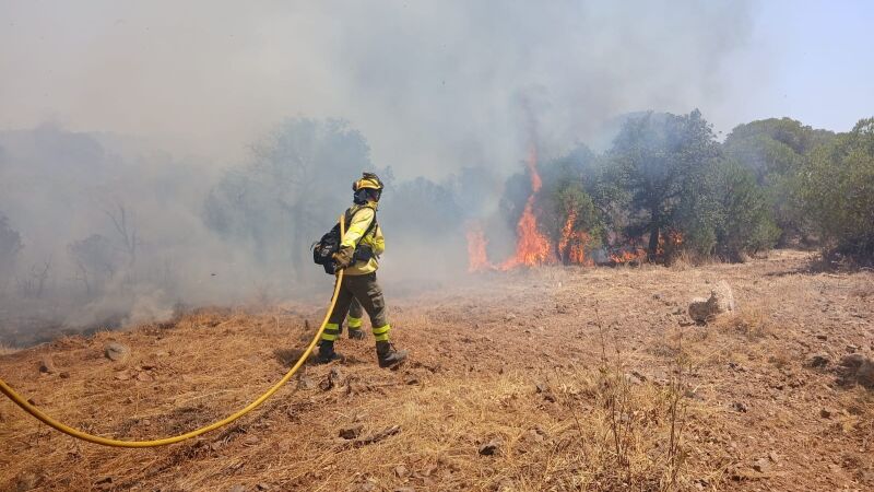 Imagen de archivo de un operario de Infoca luchando contra un incendio forestal en Villablanca.