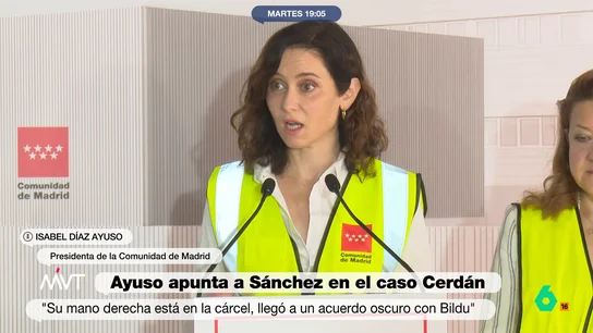 Ayuso vuelve a atacar a Sánchez por el caso Cerdán: "Es el primer beneficiario y encubridor de esta trama" Isabel Díaz Ayuso vuelve a atacar duramente a Pedro Sánchez, apunta al Ministerio de Justicia como "la siguiente corruptela que vamos a conocer" y habla de "diputados socialistas que por dignidad" voten a favor del PP en una moción de censura.