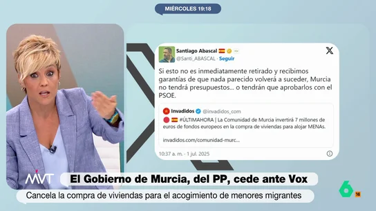 Cristina Pardo: "Es politicamente infumable actuar como si tuvieras mayoría cuando no la tienes" El Partido Popular de Murcia había anunciado que iban a adquirir varias viviendas para acoger a menores migrantes. Pero, debido a su falta de mayoría absoluta en el Gobierno, Vox lo ha impedido.
