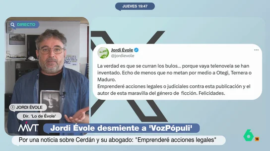 Jordi Évole estalla por el bulo que le vincula con Santos Cerdán y su abogado: "Es de una praxis pésima y un asco de periodismo" Jordi Évole denuncia en Más Vale Tarde el bulo de 'VozPópuli' sobre su intermediación entre Santos Cerdán y su abogado, una noticia "sin contrastar", pues nadie le ha contactado y que, a pesar de desmentirla, "sigue estando publicada".
