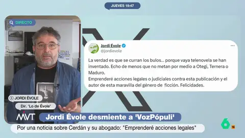 Jordi Évole estalla por el bulo que le vincula con Santos Cerdán y su abogado: "Es de una praxis pésima y un asco de periodismo" Jordi Évole denuncia en Más Vale Tarde el bulo de 'VozPópuli' sobre su intermediación entre Santos Cerdán y su abogado, una noticia "sin contrastar", pues nadie le ha contactado y que, a pesar de desmentirla, "sigue estando publicada".