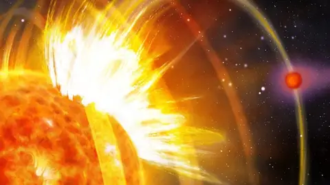 Ilustración del planeta HIP 67522-b y la interacción con su estrella Ilustración del planeta HIP 67522-b y la interacción con su estrella