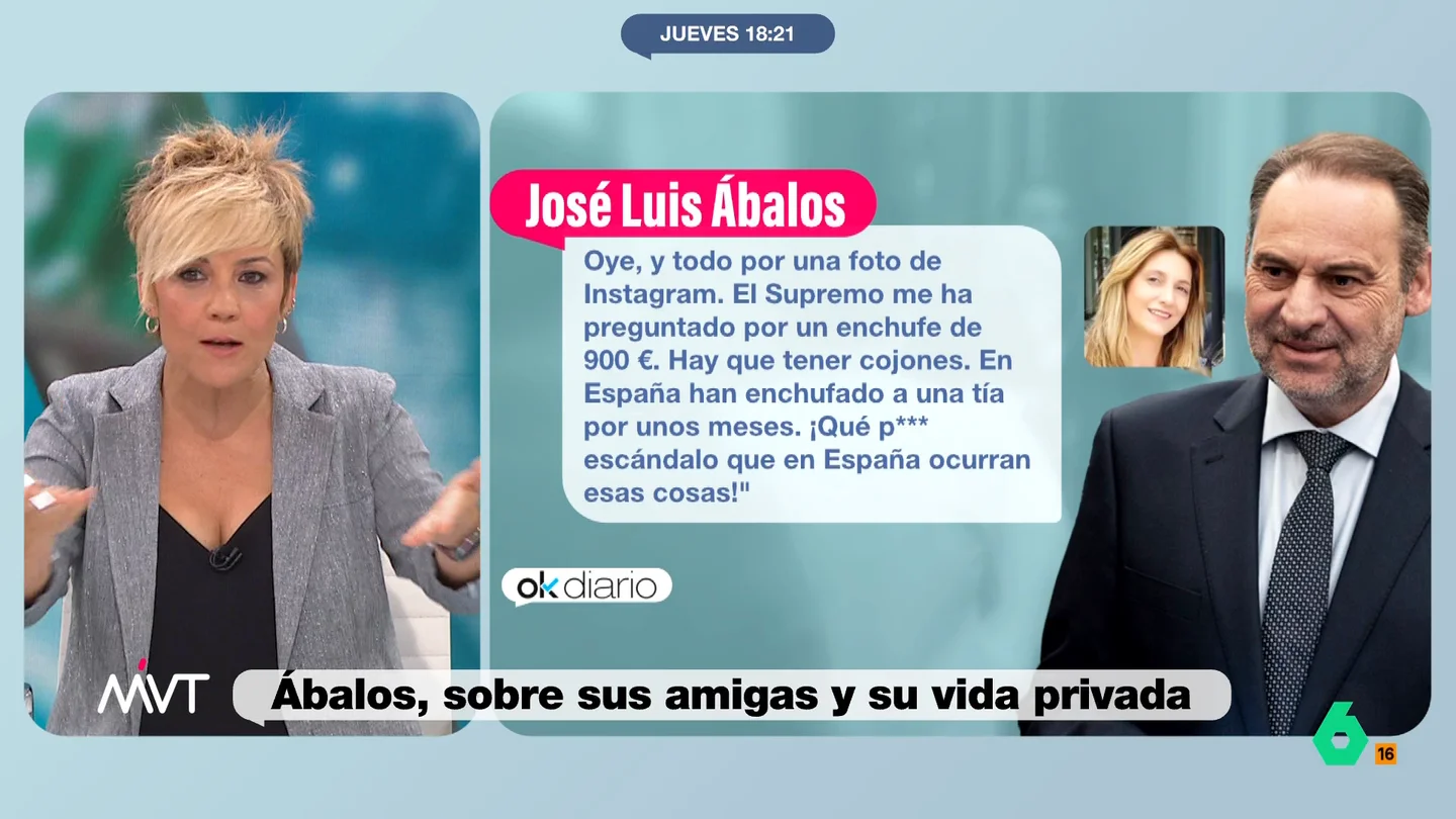 Cristina Pardo estalla al escuchar a Ábalos minimizar los enchufes de sus amigas: “Que la pague él” El exministro socialista no ha dudado en afirmar que en España "follar es más delito que robar". Además, considera que le tienen envidia debido a que ha estado con mujeres jóvenes y no "con una abuela que diera asco".