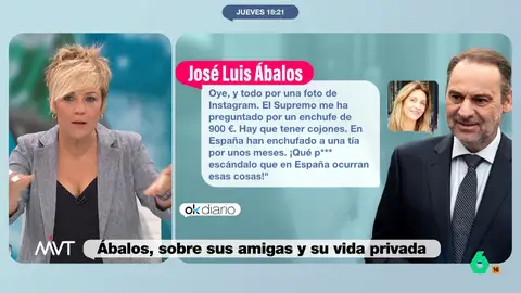 Cristina Pardo estalla al escuchar a Ábalos minimizar los enchufes de sus amigas: “Que la pague él” El exministro socialista no ha dudado en afirmar que en España "follar es más delito que robar". Además, considera que le tienen envidia debido a que ha estado con mujeres jóvenes y no "con una abuela que diera asco".