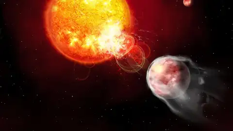 Ilustración del planeta HIP 67522-b y la interacción con su estrella Ilustración del planeta HIP 67522-b y la interacción con su estrella