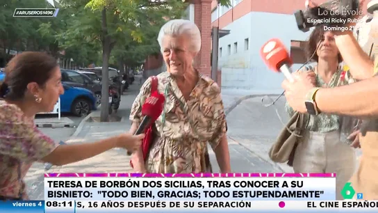 Teresa de Borbón dos Sicilias, bisabuela del hijo de Almeida y Teresa Urquijo, tras conocer a su bisnieto: "Todo muy bien, gracias a Dios" Teresa de Borbón dos Sicilias, bisabuela del hijo de Almeida y Teresa Urquijo, tras conocer a su bisnieto: "Todo muy bien, gracias a Dios"