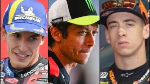 Marc M&aacute;rquez, Valentino Rossi y Pedro Acosta