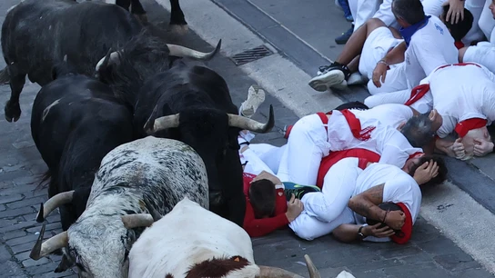 Uno de los momentos del segundo encierro de San Fermín 2025, con los Cebada Gago, en Pamplona Uno de los momentos del segundo encierro de San Fermín 2025, con los Cebada Gago, en Pamplona