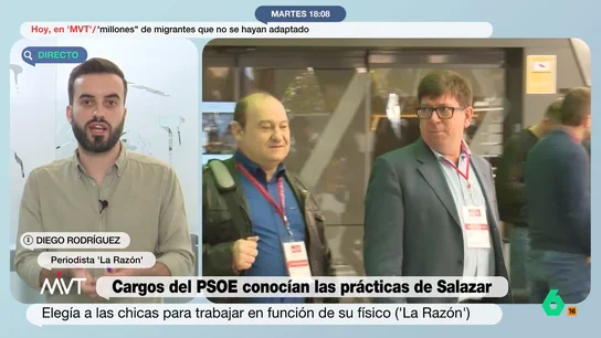 Diego Rodríguez afirma que el PSOE conocía las prácticas de Salazar: "Había gente que se lo afeaba directamente a él" Diego Rodríguez, periodistas de 'La Razón', analiza en Más Vale Tarde la noticia de su medio sobre las prácticas de Paco Salazar, que habría elegido a las trabajadoras en función de su aspecto físico.