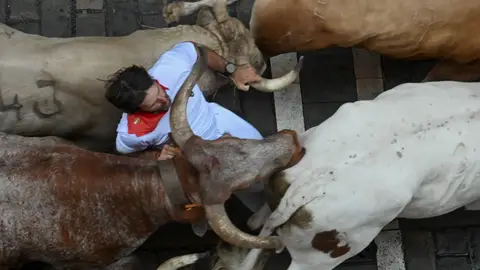 Un mozo, entre los toros de Álvaro Núñez durante el tercer encierro de San Fermín Un mozo, entre los toros de Álvaro Núñez durante el tercer encierro de San Fermín