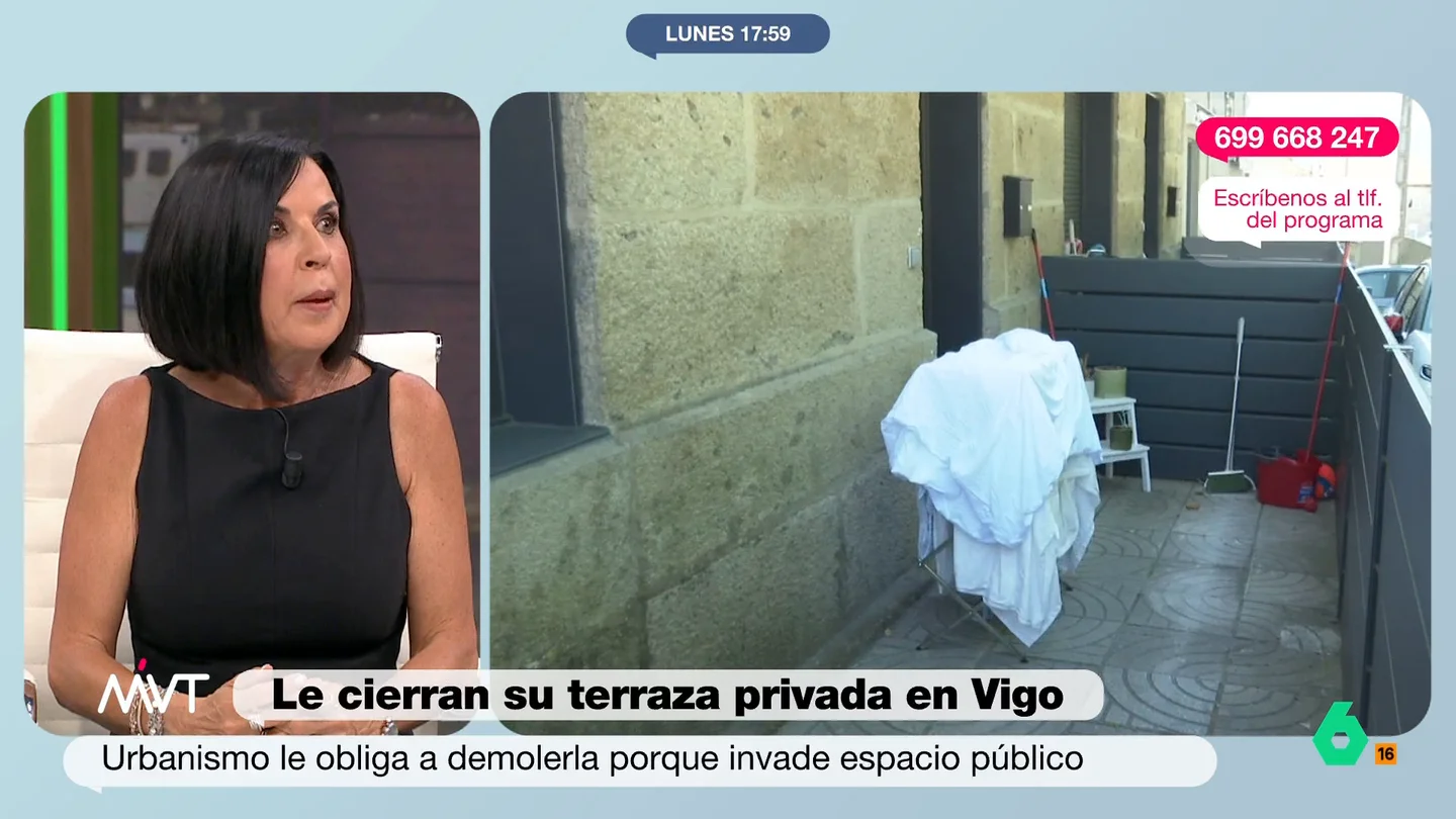 Bea de Vicente, sobre la señora que se hizo una terraza en la acera: "Salvo que demuestre que es desde Alfonso X el Sabio..." Bea de Vicente analizaba el surrealista caso protagonizado por una vecina de Vigo, que se enfrentaba a una importante sanción tras construirse una terraza privada en plena acera, impidiendo el paso de los peatones.