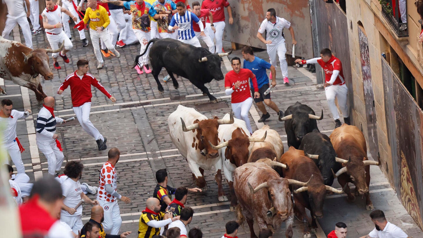 Los mozos son perseguidos por los toros de la ganader&iacute;a Victoriano del R&iacute;o Cort&eacute;s durante el encierro de los Sanfermines.